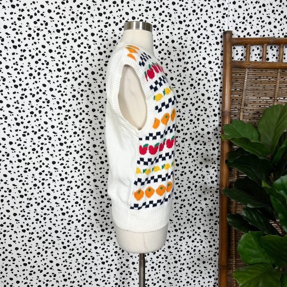 Vintage | Allen Solly Checkered Fruit Cotton Retro 90s White Knit Sweater Vest L - Picture 4 of 5